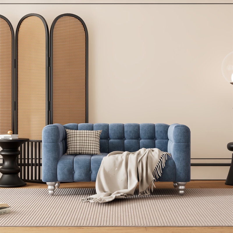 House of Hampton Harana Modern Sofa Dutch Fluff Upholstered sofa with solid wood legs buttoned tufted backrest Couch Fabric Blue Polyester Sofas